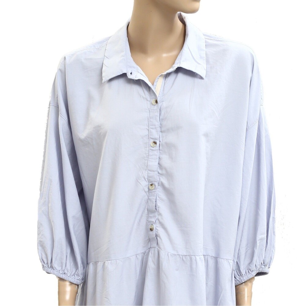 Free People Free-est Misha Mini Dress Cotton Tiered Puff Sleeve Blue L 283405 - Picture 3 of 6